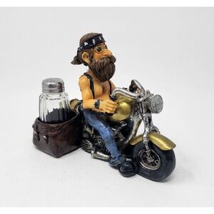 Old School Biker Salt and Pepper Holder Figurine w Shakers Motorcycle Decor 6"